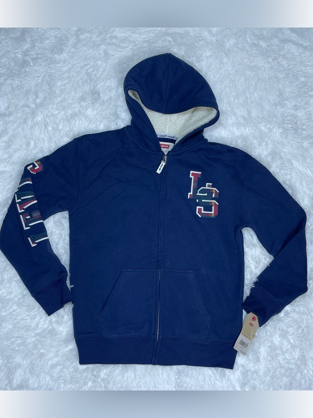 Levi's Kids Navy Hooded Zip Sweatshirt with Sherpa Lining Size LG Brand New